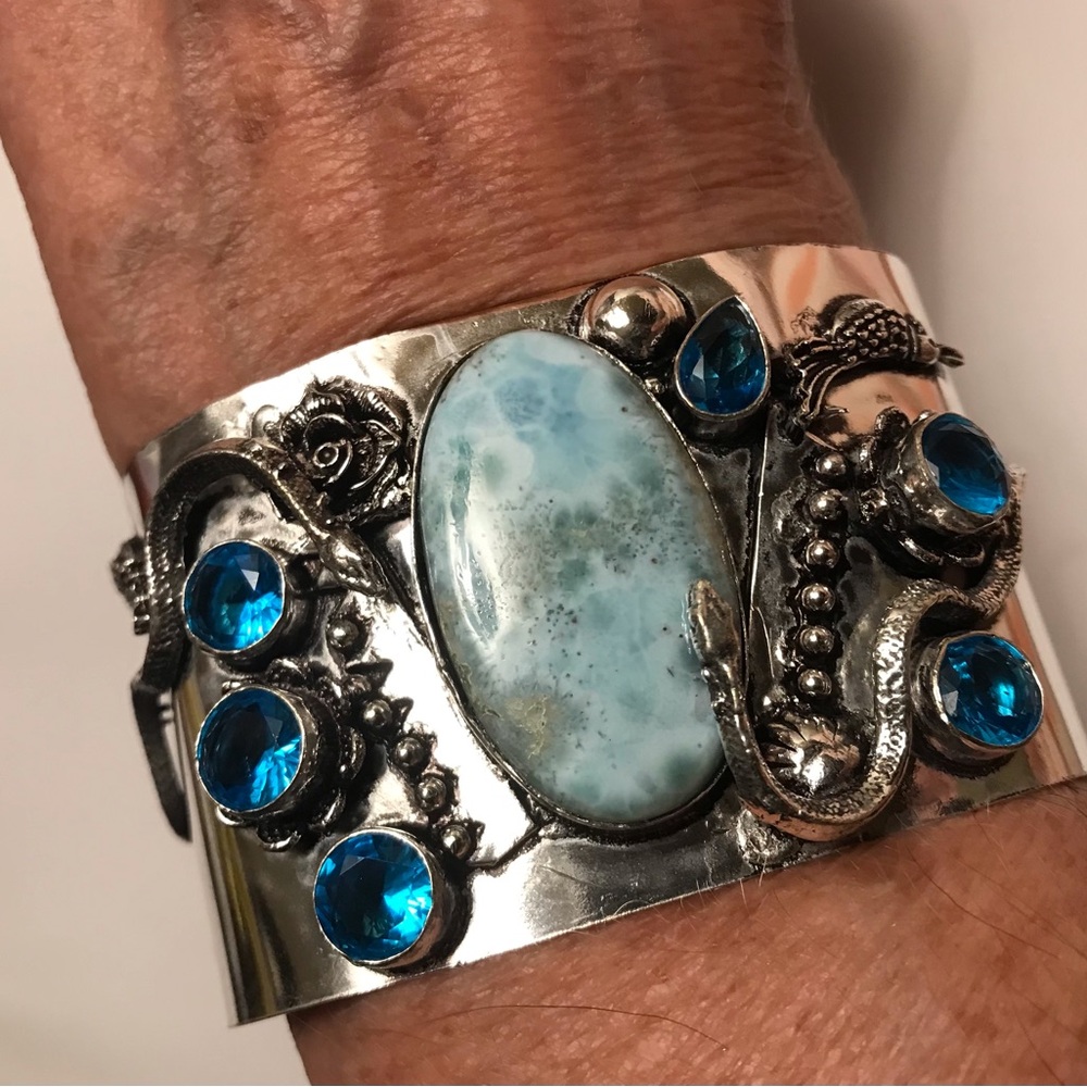 Larimar Blue Topaz Stamped 925 Sterling Silver Cuff Bracelet